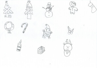 hand drawn black and white Christmas cartoon, tree, star on top, merry Christmas, snow man, cookie man,