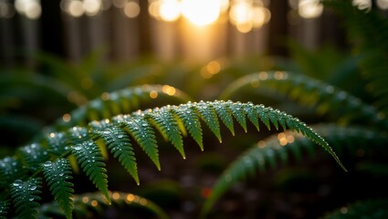 Fern leaves with dewdrops in forest sunlight
