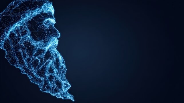 A digital rendering of an enigmatic old man's face, meticulously crafted from a network of luminescent blue particles. ..Created with Generative AI, not depicting real subjects.