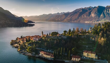 Scenic Lake View Village Surrounded by Mountain Range at Sunset