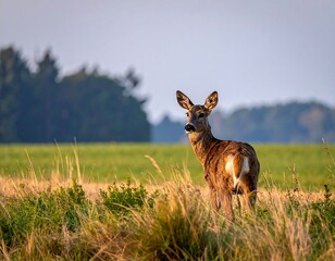 Deer stands in grassy field, looking back towards the viewer, trees in background