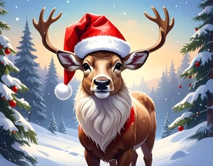 Deer wearing a Santa hat in a snowy forest landscape with snow-covered fir trees