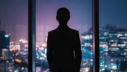 Silhouette of Businesswoman Standing in Front of Large Window Overlooking Cityscape at Night
