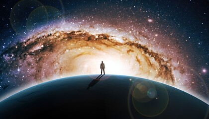 Silhouette of a Person Standing on Earth with Bright Galaxy in Background