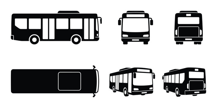 City bus illustration. Urban transport views icon set. Public vehicle black silhouette. Flat graphic design.