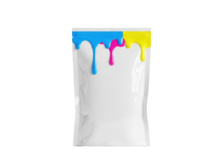 Clean glossy snack pouch featuring melted accents white background