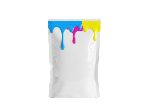Clean glossy snack pouch featuring melted accents white background