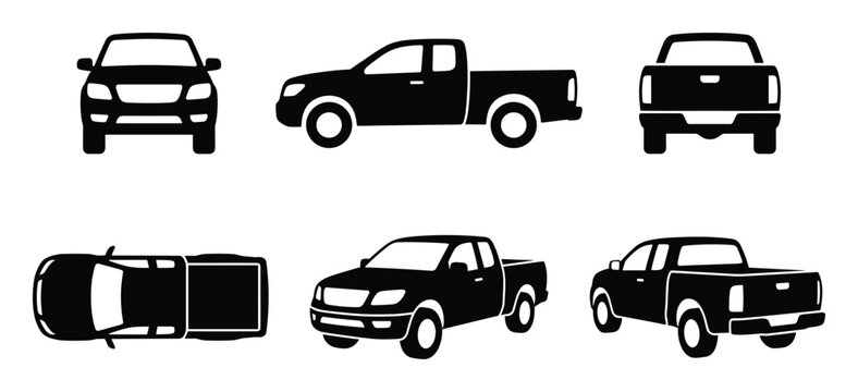 Pickup truck icons set. Utility vehicle design. Black and white pickup truck symbol. Transport vector illustration.