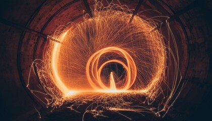 Dynamic Steel Wool Spark Effect in Dark Tunnel with Bright Orange Sparks
