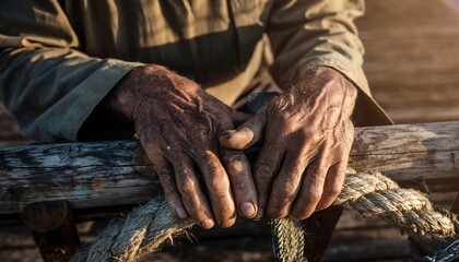 Elderly Hands Holding Rope with Wooden Log in Warm Light