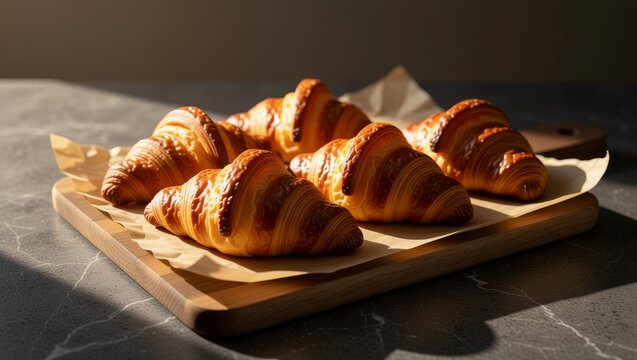 Golden croissants on wooden board with parchment - Powered by Adobe