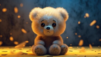 Fototapeta premium Sad Teddy Bear Sitting in a Dark Room with Glowing Particles.