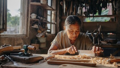 Elderly Woman Carving Wood in Rustic Workshop Warm Natural Light