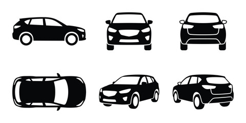 Crossover car side, front, back, top, angled views, suv auto transport for family, isolated.