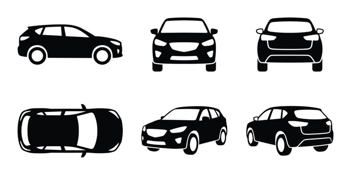 Crossover car side, front, back, top, angled views, suv auto transport for family, isolated.