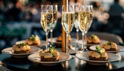 Elegant Champagne Flutes and Appetizer Plates on Black Table at Celebration Event