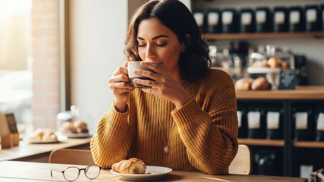 Woman enjoying a cup of coffee at a cafe, savoring the aroma.