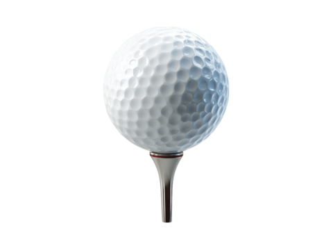 White dimpled sphere resting on metallic stand golf ball, Isolated, Png Transparent Background