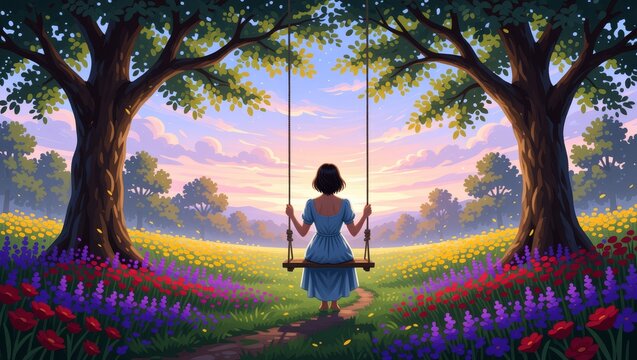 Woman on swing in garden at sunset
