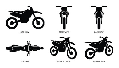 Fototapeta premium Dirt bike side, front, back, top, 3/4 front, 3/4 rear views, off road transport, isolated.