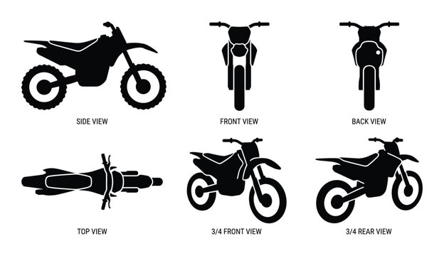 Dirt bike side, front, back, top, 3/4 front, 3/4 rear views, off road transport, isolated.