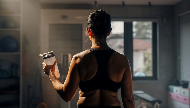 Athletic Woman in Sportswear Holding Water Bottle in Bright Home Gym