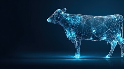 A futuristic digital representation of a cow, exuding innovation and technological advancement, is bathed in a cool, otherworldly glow. ..Created with Generative AI, not depicting real subjects.