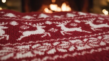 Christmas sweater with red and white reindeer pattern knitted fabric creating cozy holiday background near warm fireplace glowing softly with festive snowflake design ambiance christmas background - Powered by Adobe