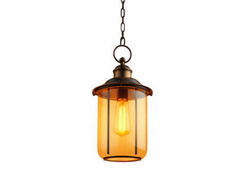 Antique amber glass hanging lantern with Edison bulb light, Isolated, Png Transparent Background