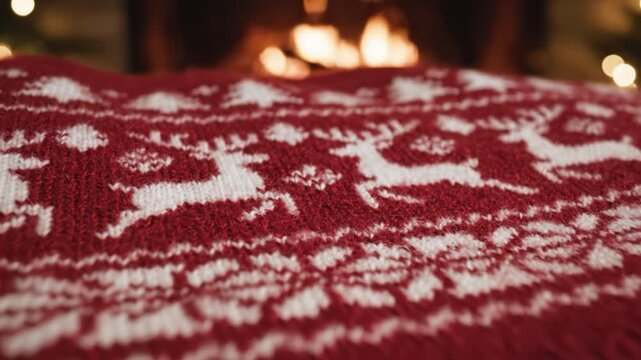 Christmas sweater with red and white reindeer pattern knitted fabric creating cozy holiday background near warm fireplace glowing softly with festive snowflake design ambiance christmas background