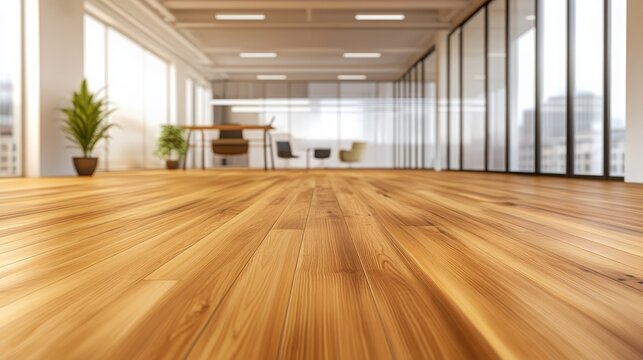 Warm wooden floor extending into a modern brightly lit empty office space