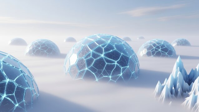 Glowing blue domes and icy mountains in misty landscape
