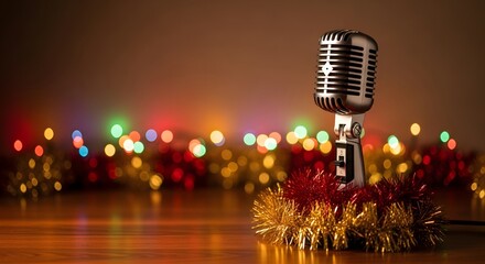 Classic vintage microphone on a wooden surface, surrounded by red and gold tinsel with warm blurred Christmas lights for a festive holiday music performance concept