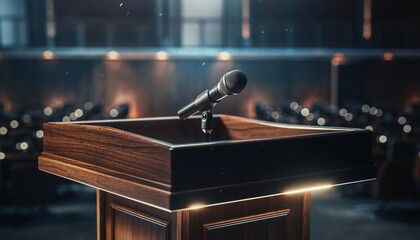 Empty Wooden Podium with Microphone in Modern Conference Room