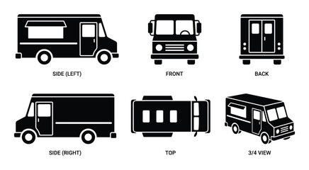 Catering vehicle design, mobile eatery illustration, side left, front, back, side right, top, 3/4 view