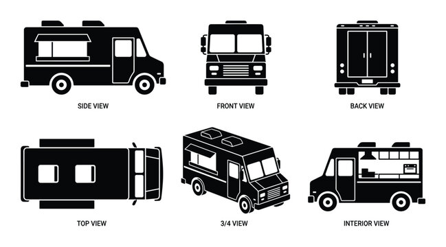 Mobile kitchen illustration, street food vehicle, side, front, back, top, 3/4 view, interior