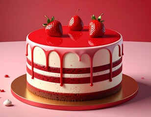 Delectable three-layer cake with red drip frosting and strawberry garnish on gold plate