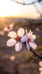 Delicate almond blossoms glow in golden light at sunset, showcasing soft pink and white petals