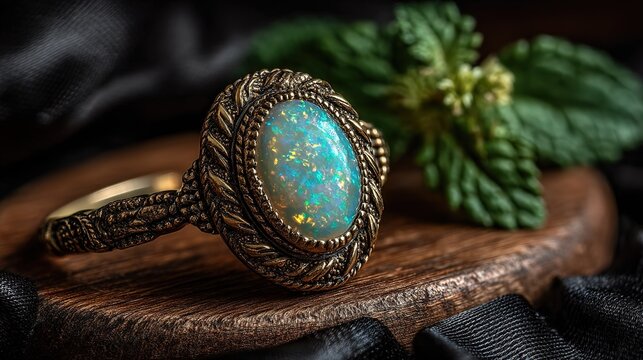 An Intricately Designed Opal Ring on a Wooden Surface