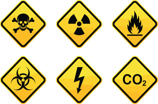 Warning sign vector set with poison radiation and fire symbols