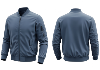 Blue bomber jacket for men, front and back view, modern fashion apparel isolated on transparent background