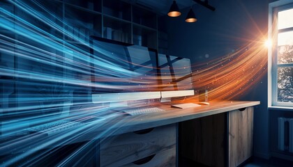 Futuristic Computer Desk Setup with Large Monitor and Dynamic Light Trails in Modern Office