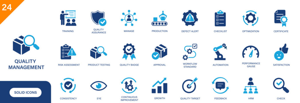 Quality management icon. Includes quality badge, checklist, defect alert, production, satisfaction, approval, continuous improvement. Solid vector icon set.