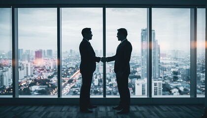 Two Businessmen Shaking Hands in Modern Office with City View