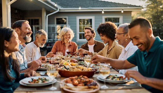 Group of Diverse People Enjoying Outdoor Dinner Party in Backyard with Sunset Lighting - Powered by Adobe