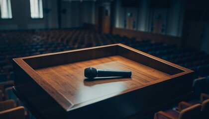 Microphone on Wooden Stage in Empty Auditorium with Audience Seating