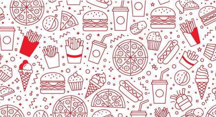 “Seamless Fast Food Pattern Illustration – Bold, Modern Burger, Pizza, Snack & Drink Background Design”