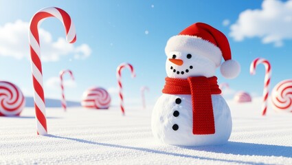 Fototapeta premium Snowman with candy canes and lollipops in snowy landscape