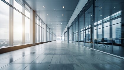 Modern Bright Office Corridor with Floor to Ceiling Windows and Reflective Glass Walls in Skyscraper