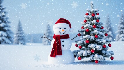 Snowman beside snowcovered Christmas tree in falling snow